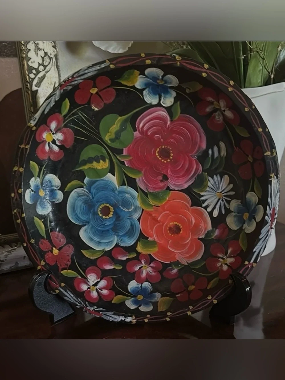 Vintage Mexican Batea Hand Painted Tole Tray Wood Bowl Folk Art Hacienda Decor